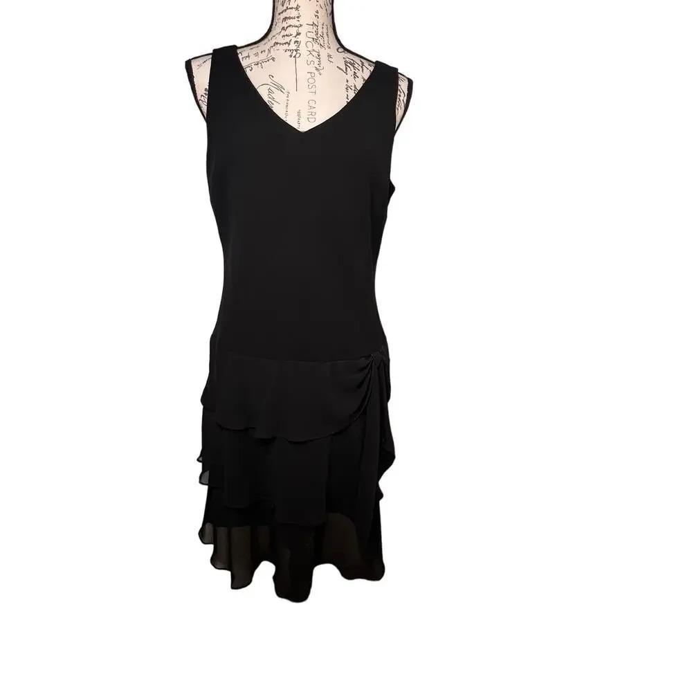 Evan Picone,12, black chiffon tiered, off center bow sleeveless lined, dress 